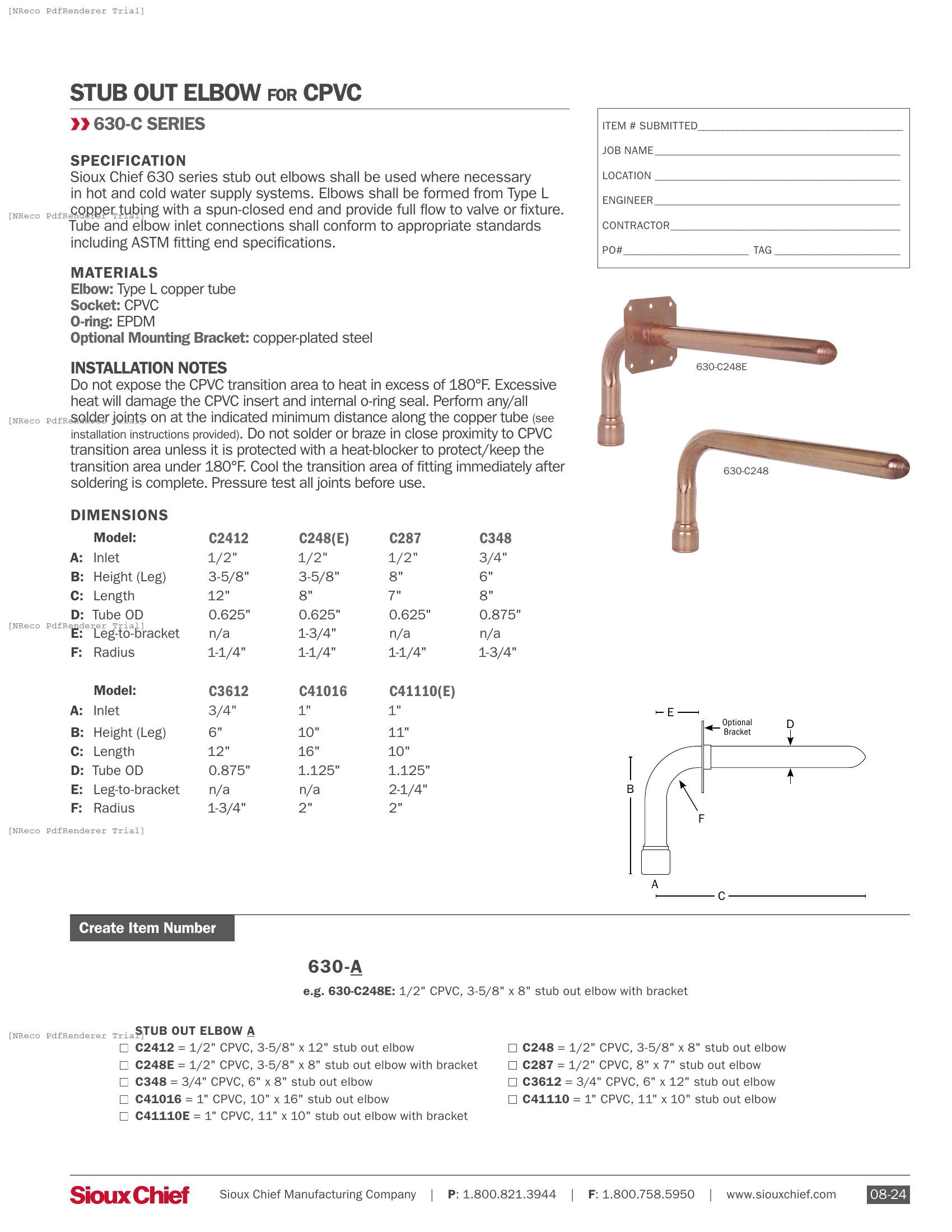 630-C SERIES - CPVC STUB OUT ELBOWS - SPEC SHEET.PDF Specification Document